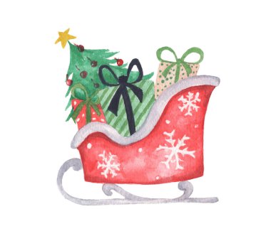 Hediyelerle dolu Noel Baba kızağı. Noel Baba kızağı dizaynlı Noel kartı.