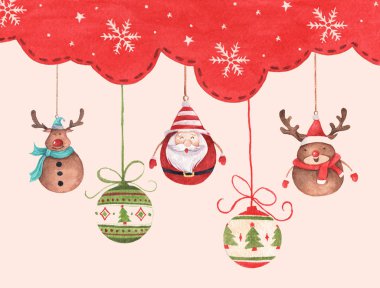 Davetiyeler için suluboya Noel kartı, selamlar. Noel Baba ve şirin ren geyiği.