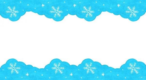 Schneeflocke und Stern am blauen Himmel Wintersaison Hintergrund. Winterrand für Ihr Design. — Stockfoto