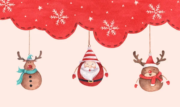 Akvarel Vánoční přání na pozvánky, pozdravy. Santa Claus a roztomilí sobi. — Stock fotografie