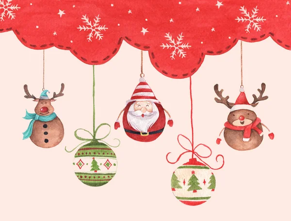 Cartão de Natal aquarela para convites, saudações. Papai Noel e renas bonitos . — Fotografia de Stock