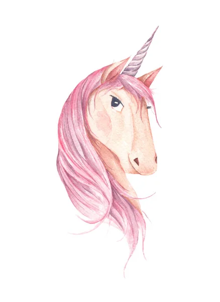 Hermosa Cabeza Unicornio Para Diseño Niños Pelo Rosa Arte Fantasía —  Fotos de Stock