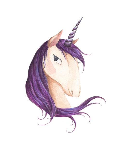Beautiful Unicorn Head Children Design Purple Hair Hand Drawn Fantasy — Stock Photo, Image