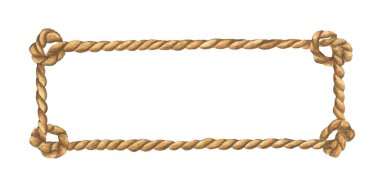 Beyaz zemin üzerinde düğümler izole kahverengi halat çerçeve suluboya.