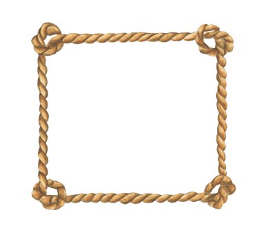 Beyaz zemin üzerinde düğümler izole kahverengi halat çerçeve suluboya.