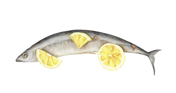 Beyaz Arka Planda Limonlu Izgara Balık Yiyeceğin Suluboya Çizimi — Stok fotoğraf
