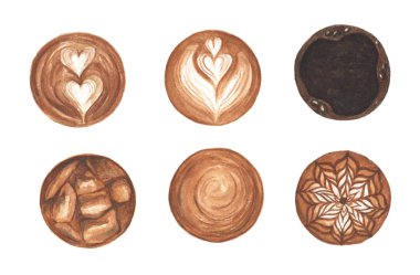 Sıcak kahve kapuçino latte sanat köpüğünün üst görüntüsü. Suluboya hastalığı