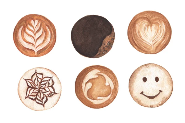 Vista superior de café quente cappuccino latte espuma de arte. Doente aquarela — Fotografia de Stock