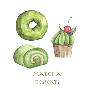 Matcha tatlıları, Donut, Roll keki ve beyaz arka planda izole edilmiş kek seti. Suluboya çizimi.