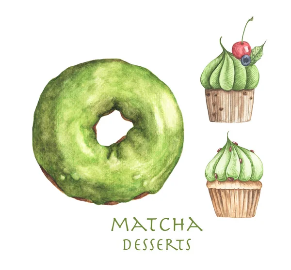 Set Postres Matcha Donut Cupcakes Aislados Sobre Fondo Blanco Ilustración — Foto de Stock