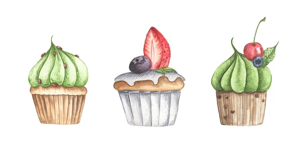 Conjunto Diferentes Cupcakes Isolados Sobre Fundo Branco Ilustração Aquarela — Fotografia de Stock