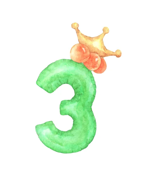 Watercolor Cute Number Number Three Crown Isolated White Background Hand — 스톡 사진