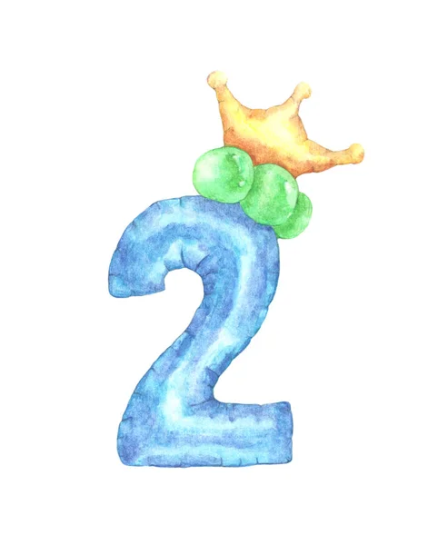 Watercolor Cute Number Number Two Crown Isolated White Background Hand — Stock Photo, Image