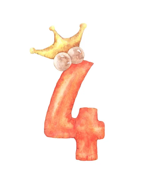 Watercolor Cute Number Number Four Crown Isolated White Background Hand — 스톡 사진