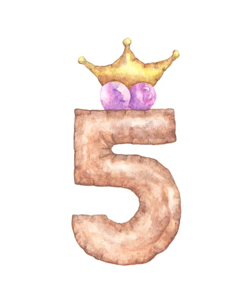 Watercolor Cute Number Number Five Crown Isolated White Background Hand — 스톡 사진