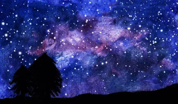 Ladin Ormanı 'nın karanlık siluetinin üzerinde yıldızlı bir gece. Gecenin arka planında bir ağaç, yıldızlı gökyüzü, karanlık gece. suluboya Çizim.