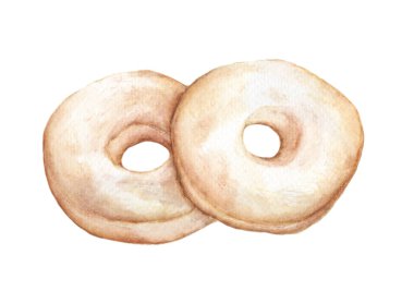 Beyaz arka planda izole edilmiş iki çörek, elde çizilmiş suluboya çizimi.