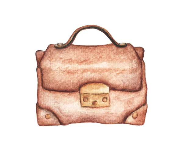 Fashion Bag Brown Leather Bag Travel Bag Watercolor Illustration Isolated — 스톡 사진