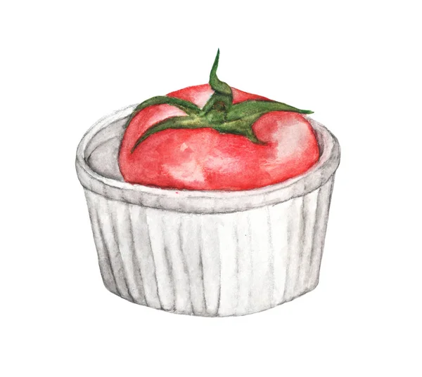 Pomodoro Fresco Tazza Bianca Isolato Fondo Bianco Illustrazione Acquerello Disegnato — Foto Stock