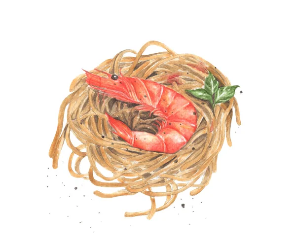 Esparguete Massa Com Camarão Ilustração Comida Aquarela Fundo Branco Perfeitamente — Fotografia de Stock