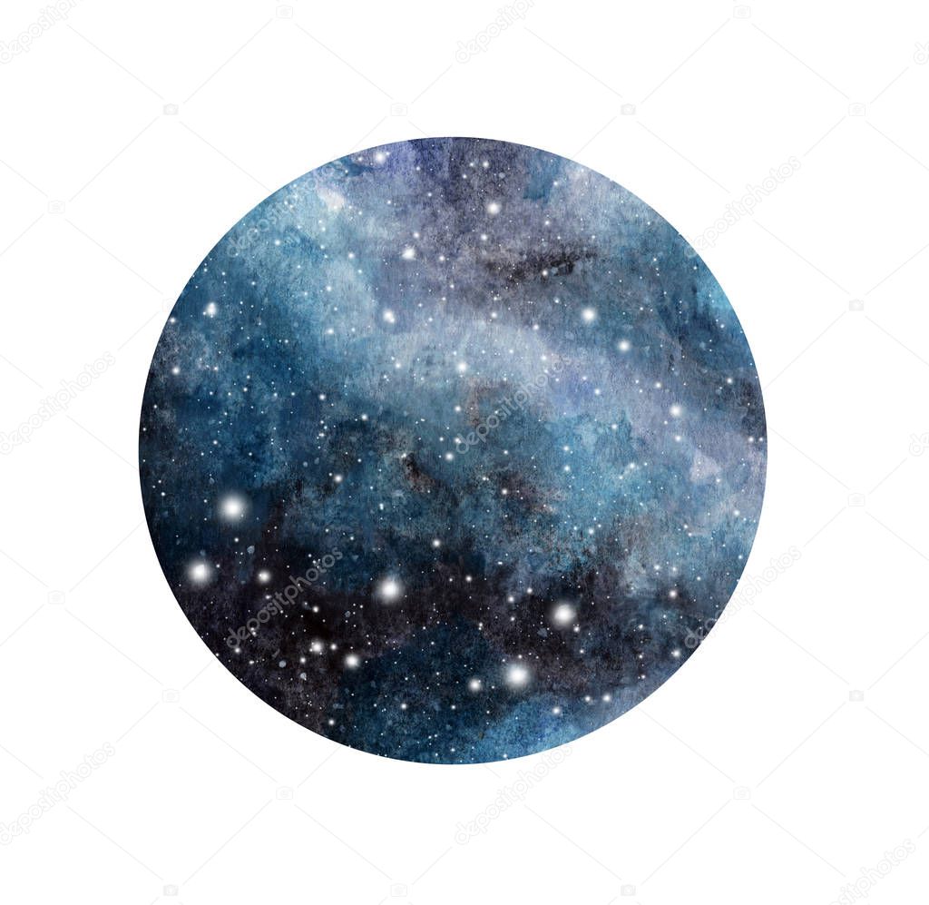 Hand drawn stylized grunge galaxy or night sky with stars. Watercolor space background. Cosmos illustration in circle isolated on white background. Brush and drops.