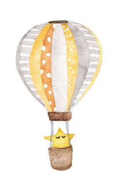 El yapımı klasik hava balonu, gökyüzünde yıldız uçuşuyor, beyaz arka planda izole edilmiş, kırpma yolu, polka nokta deseni ve retro tasarımı var. suluboya resimleme