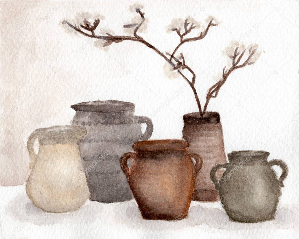 Brown Pottery vase and dried flower decorate in vase , Clay pots, old ceramic vases ,flower pots - watercolor painting in vintage style.