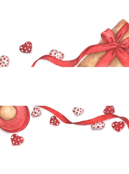 Caixa de presente, fita de cetim rola cor vermelha e coração de chocolate, espaço de cópia. Vista superior. Ilustração aquarela . — Fotografia de Stock