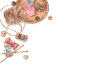 Dikiş ve dikiş konsepti için aksesuarlar. Uzayı kopyala Düz yerde, üst tarafta. Suluboya çizimi.