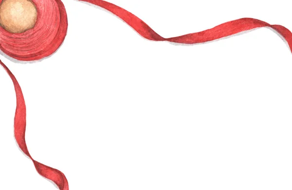 Satinband Rolle rote Farbe. Kopierraum. Ansicht von oben. handgemalte Aquarell-Illustration. — Stockfoto