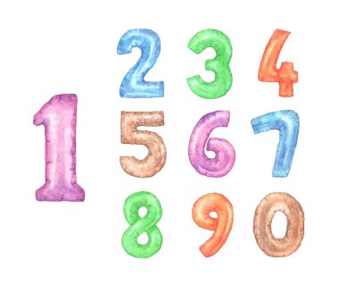 Alfabe numaraları dizisi. Renkli çocuklar yazı tipi numaralarını 1 'den 0' a farklı renklerle yazıyorlar. Beyaz arka planda izole edilmiş. suluboya resimleme.