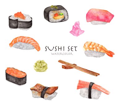 Suşi seti, Japon yemeği. Beyaz arka planda izole edilmiş. Suluboya çizimi. Tasarım, menü, kitap ve daha fazlası için.