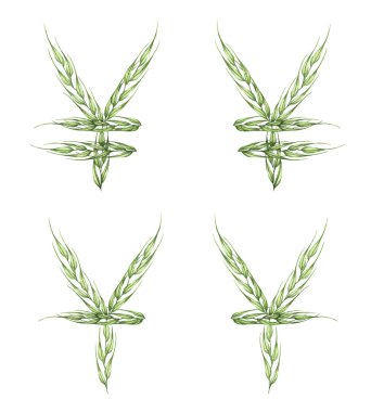 Para birimi sembolleri seti. Yen ve Yuan işareti, yeşil yapraklardan oluşan alfabe beyaz arkaplanda izole edilmiş. Çevre sembolü koleksiyonu. Suluboya çizimi.