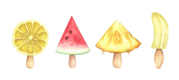 Set Fruit Popsicle Isolated White Background Watercolor Illustration — 스톡 사진