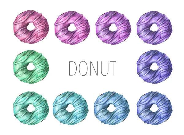 Set Von Bunten Donuts Glasiert Aquarell Illustration Isoliert Auf Weißem — Stockfoto