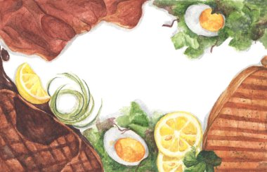 Izgara biftek ve haşlanmış yumurtalı salata. Metnin için kopyalama alanı olan üst görünüm. Suluboya çizimi.