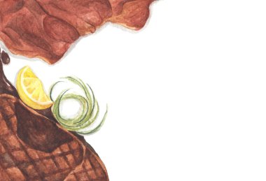 Beyaz arka planda ızgara biftek. Suluboya çizimi.