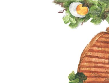 Izgara biftek ve haşlanmış yumurtalı salata. Metnin için kopyalama alanı olan üst görünüm. Suluboya çizimi.