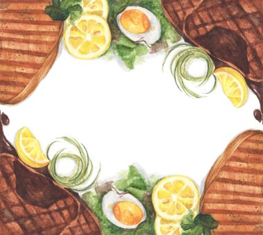 Izgara biftek ve haşlanmış yumurtalı salata. Metnin için kopyalama alanı olan üst görünüm. Suluboya çizimi.