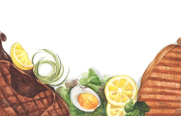 Izgara biftek ve haşlanmış yumurtalı salata. Metnin için kopyalama alanı olan üst görünüm. Suluboya çizimi.