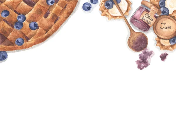 Blueberry pie, jam in jar, waffles and fresh blueberries. Watercolor illustration. — Stock Photo, Image