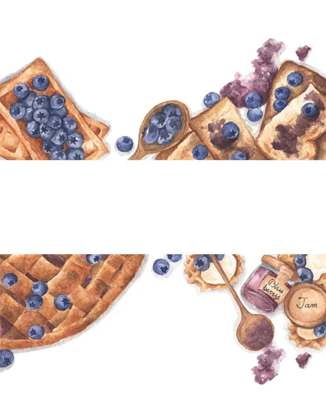 Torta di mirtilli, pane tostato con marmellata, marmellata di mirtilli in barattolo, waffle e mirtilli freschi. Illustrazione ad acquerello . — Foto Stock