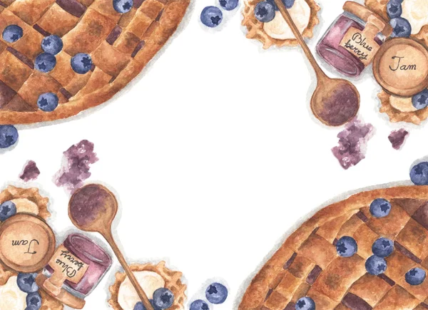 Пиріг з чорницею, джем у банці, вафлі та свіжа чорниця. Акварельна ілюстрація . — стокове фото