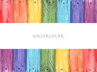 Eski ahşap arka planda gökkuşağı renginde ve metin için yeri var. Yedi renkli ahşap tahtalar. Suluboya çizimi.