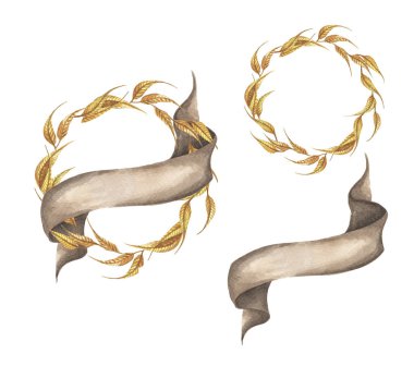 El yapımı sonbahar yapraklı kurdeleli çelenkler. Düğün davetiyeleri, tebrik kartları, bloglar, baskılar ve daha fazlası için mükemmel. suluboya resimleme.