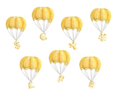 Para birimi sembollü sıcak hava balonu seti. Altın Dolar, Euro, Yuan, Yen, Pound, Bath. Beyaz arkaplanda izole edilmiş suluboya çizimi.