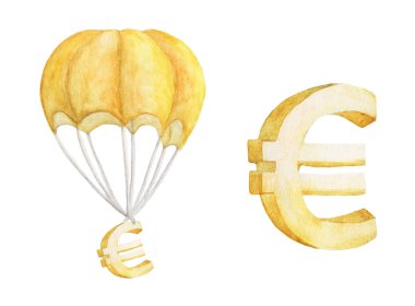 Altın Euro 'lu sıcak hava balonu beyaz arka planda izole edilmiş. Euro Dollar paraşütle uçuyor. Suluboya çizimi.