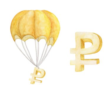 Beyaz arka planda izole edilmiş altın ruble ile sıcak hava balonu. Altın ruble paraşütle uçuyor. Suluboya çizimi.