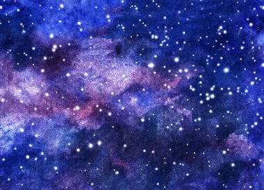 Gece gökyüzü suluboya çizimi el boyalı.