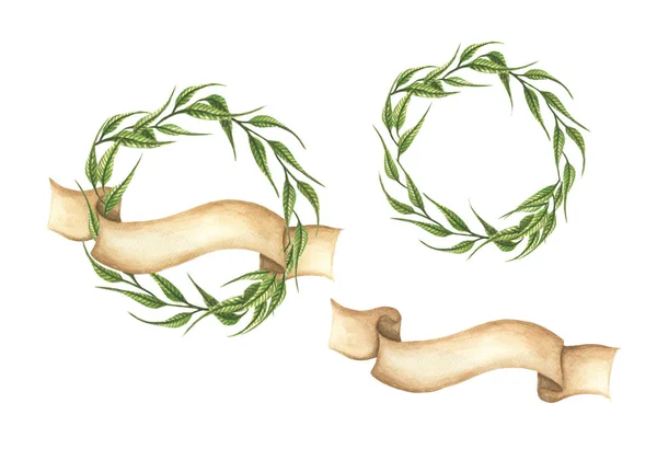 Set Von Handgezeichneten Grünen Blättern Kränze Mit Schleife Perfekt Für — Stockfoto